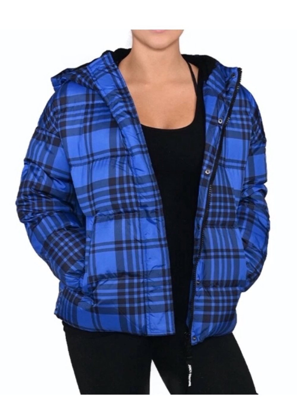 Juicy Couture Black Label Blue Plaid Puffer Coat - Medium